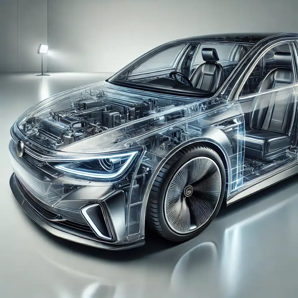 Vista de un auto moderno con faros y ventanas de policarbonato, destacando su diseño futurista y superficies brillantes. Radiación ultravioleta y resistencia al impacto. | Acrilfrasa