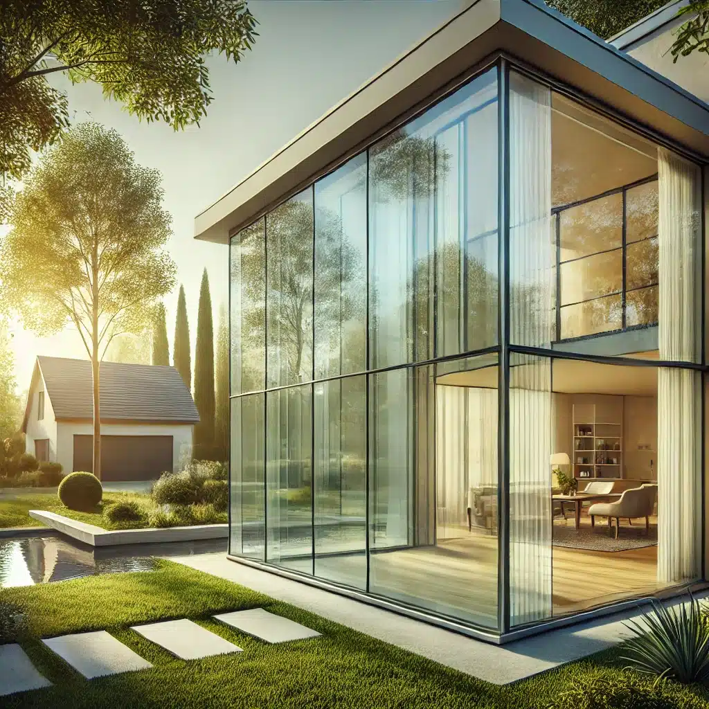 Casa moderna con grandes ventanas de cristal templado que reflejan eficiencia energética | Acrilfrasa.