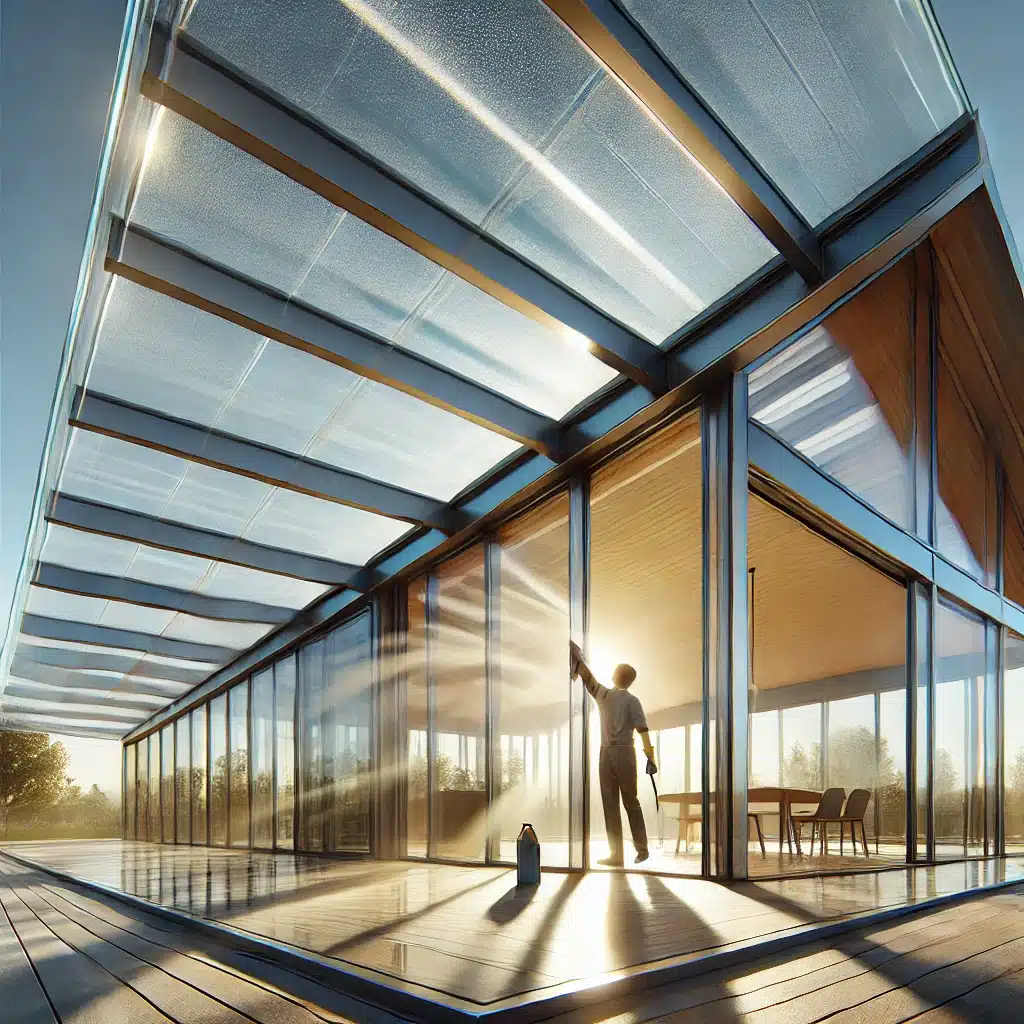 Persona limpiando techo de vidrio templado con estructura de aluminio en casa moderna. Aluminio material pérgola cerramientos valor fachadas policarbonato zonas proveedor instalación espacios pérgola espacio pérgolas| Acrilfrasa
