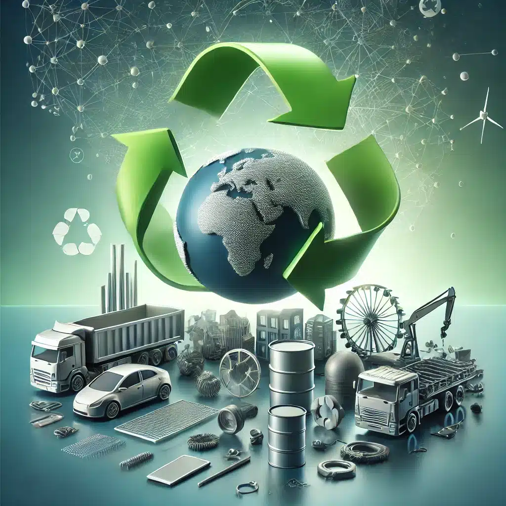 Productos reciclados con un globo y flecha circular simbolizando sostenibilidad. Elementos de eficiencia energética en la arquitectura | Acrilfrasa.