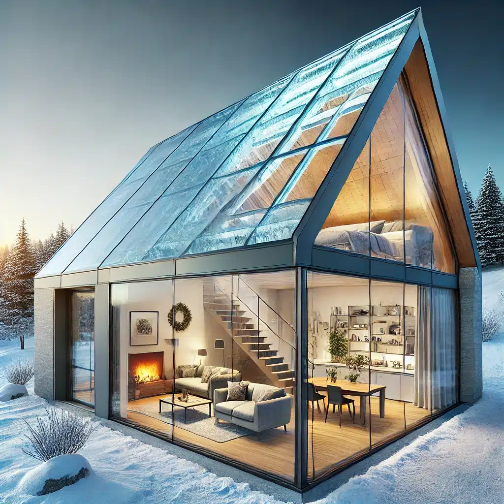 Casa moderna con techo de cristal templado mostrando aislamiento térmico en invierno. Técnicas de aislamiento para techados de cristal templado en climas fríos | Acrilfrasa