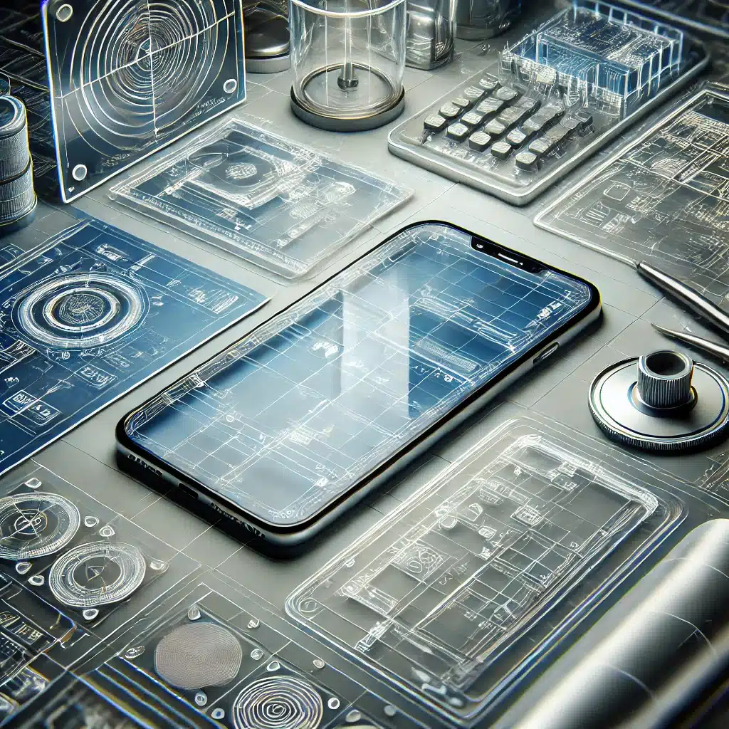 Bocetos de diseño y dispositivos electrónicos con componentes de policarbonato en un estudio tecnológico. Material de fabricación de PC y proceso de plástico | Acrilfrasa.