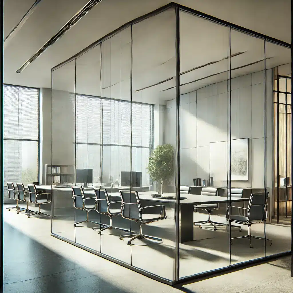 Partición interior de oficina moderna con vidrio templado resistente y transparente. Eficiencia energética en producto en la construcción | Acrilfrasa.