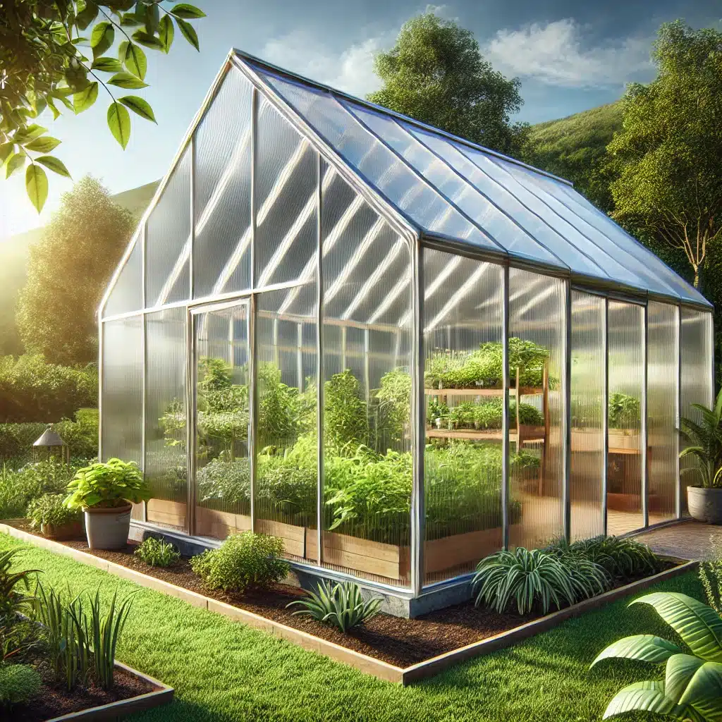 Invernadero de policarbonato en un entorno natural con plantas saludables en su interior | Acrilfrasa.