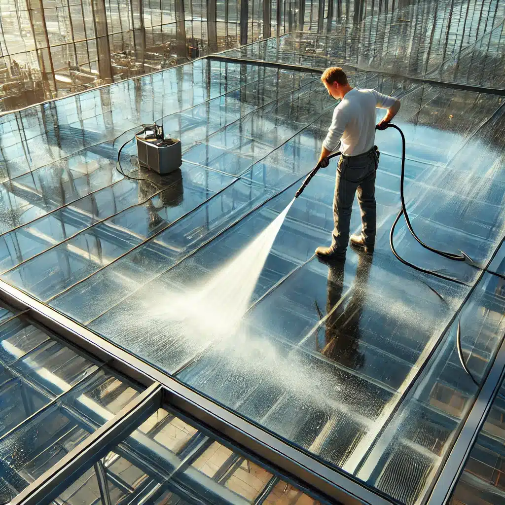 Técnico limpiando un techo de vidrio templado con agua a presión y aplicando sellador. Algo de vidrios en funcionamiento para techos | Acrilfrasa