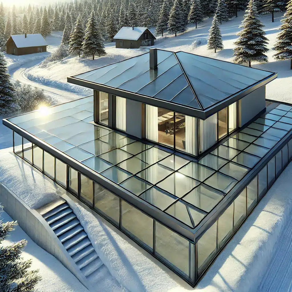 Casa con techo de cristal templado mostrando sellado y orientación en paisaje nevado. Vidrio aislante u aislamiento térmico y acústico luz acristalamiento ventana transmisión construcción capa vidrios clima ventanas cámara de aire través elección seguridad rendimiento| Acrilfrasa