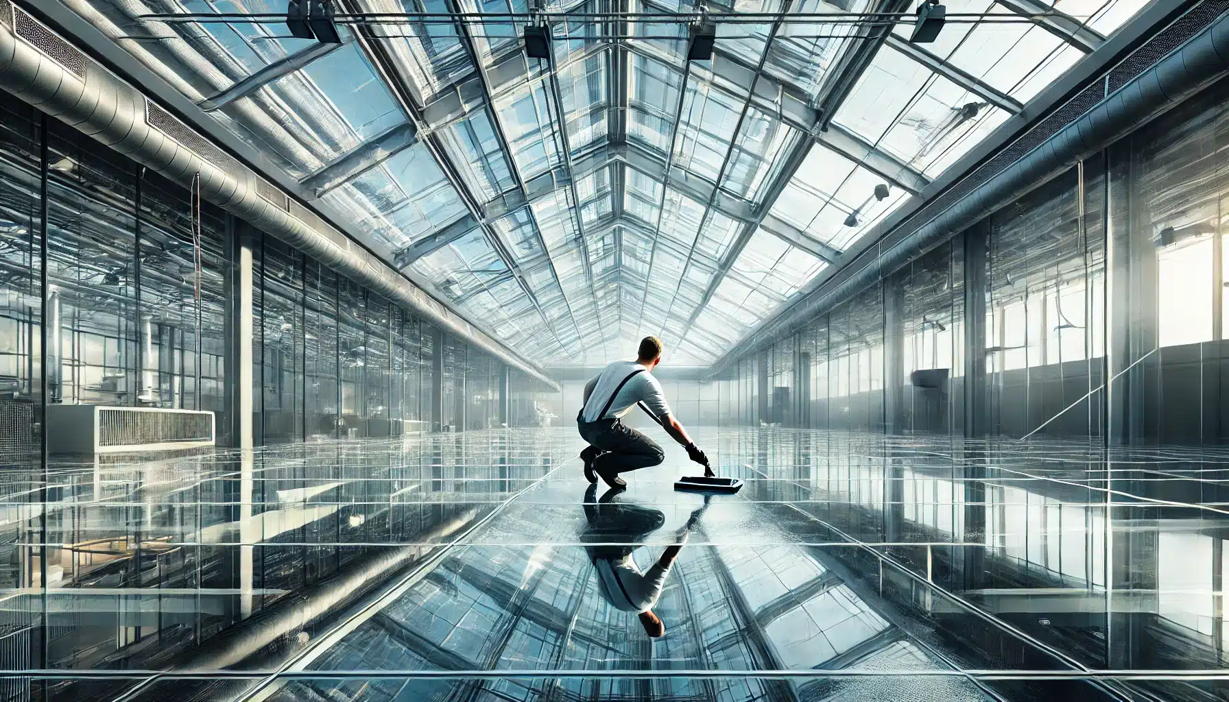 Persona limpiando techo de cristal en espacio moderno | Acrilfrasa