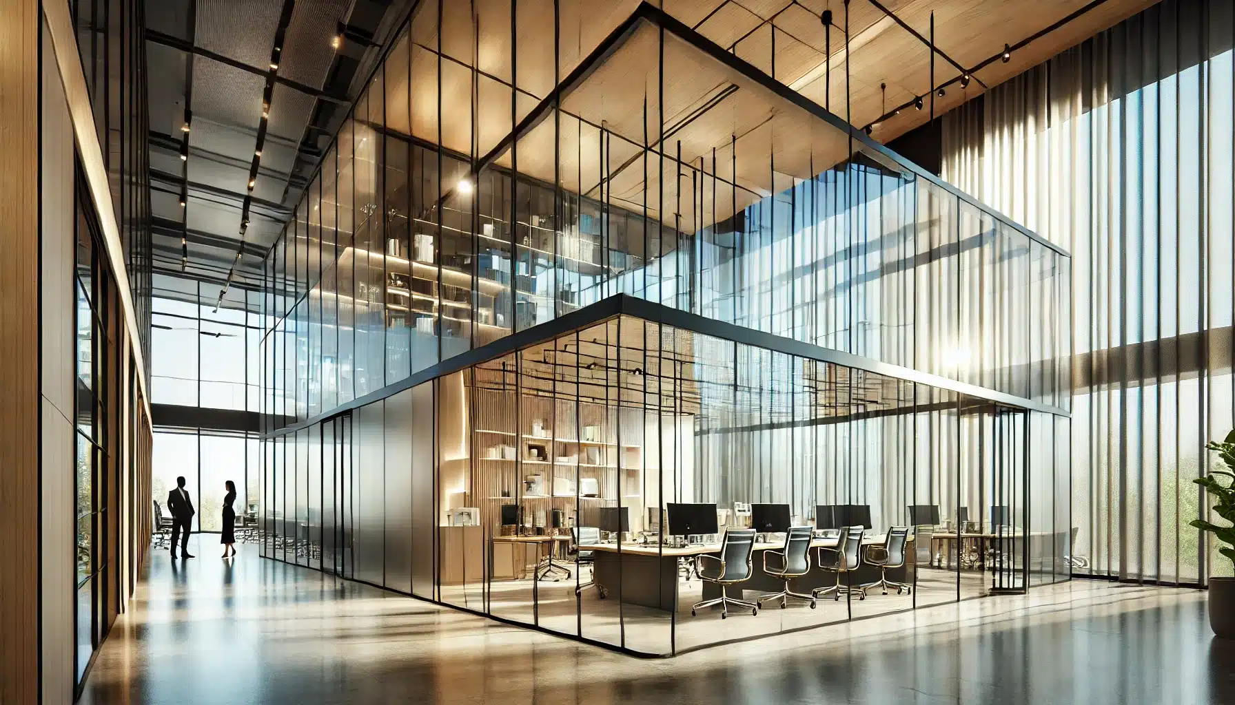 Espacio comercial moderno con vidrio templado y madera | Acrilfrasa