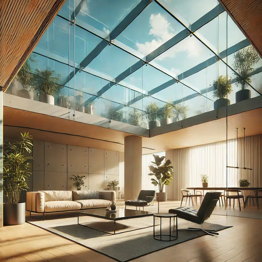 Espacio moderno con techo de vidrio y luz natural | Acrilfrasa