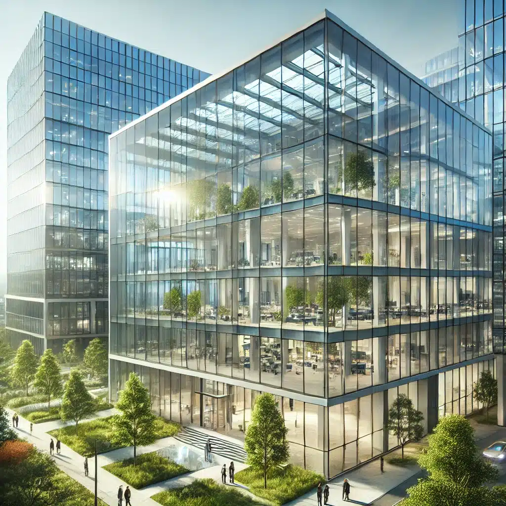 Edificio sostenible con vidrio templado y entorno verde | Acrilfrasa