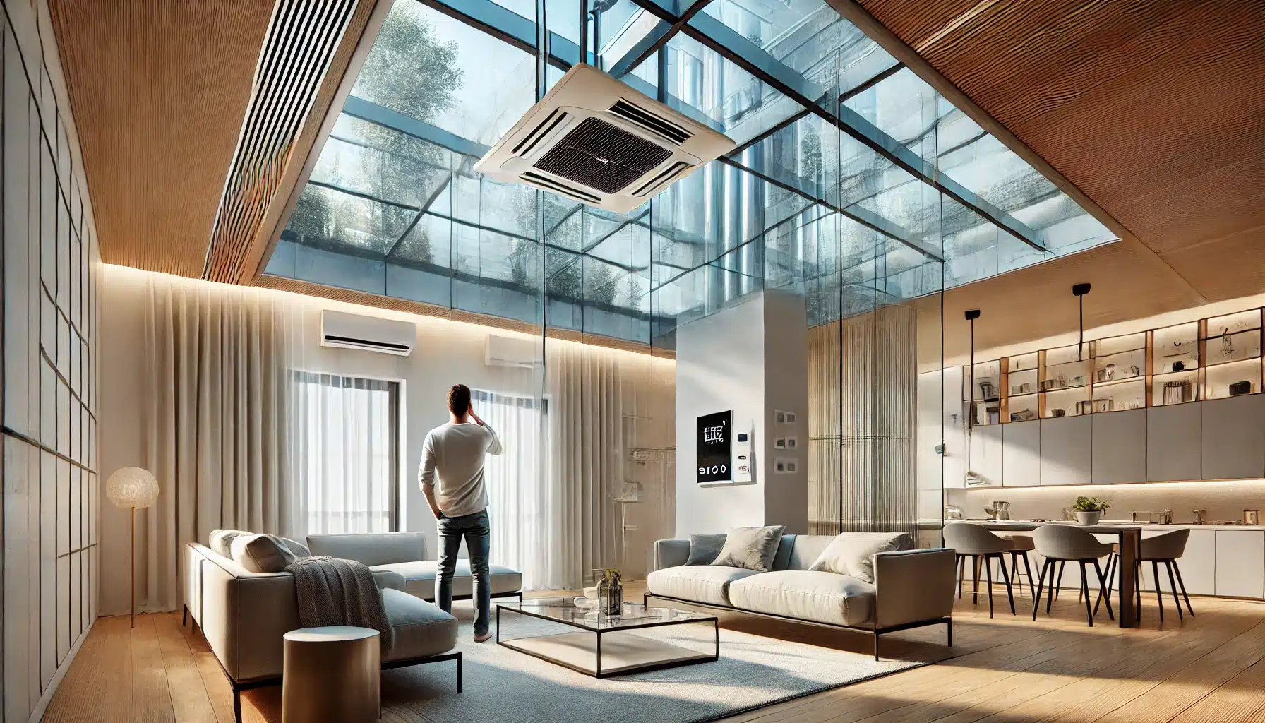 Persona ajustando termostato en sala con techo de cristal | Acrilfrasa