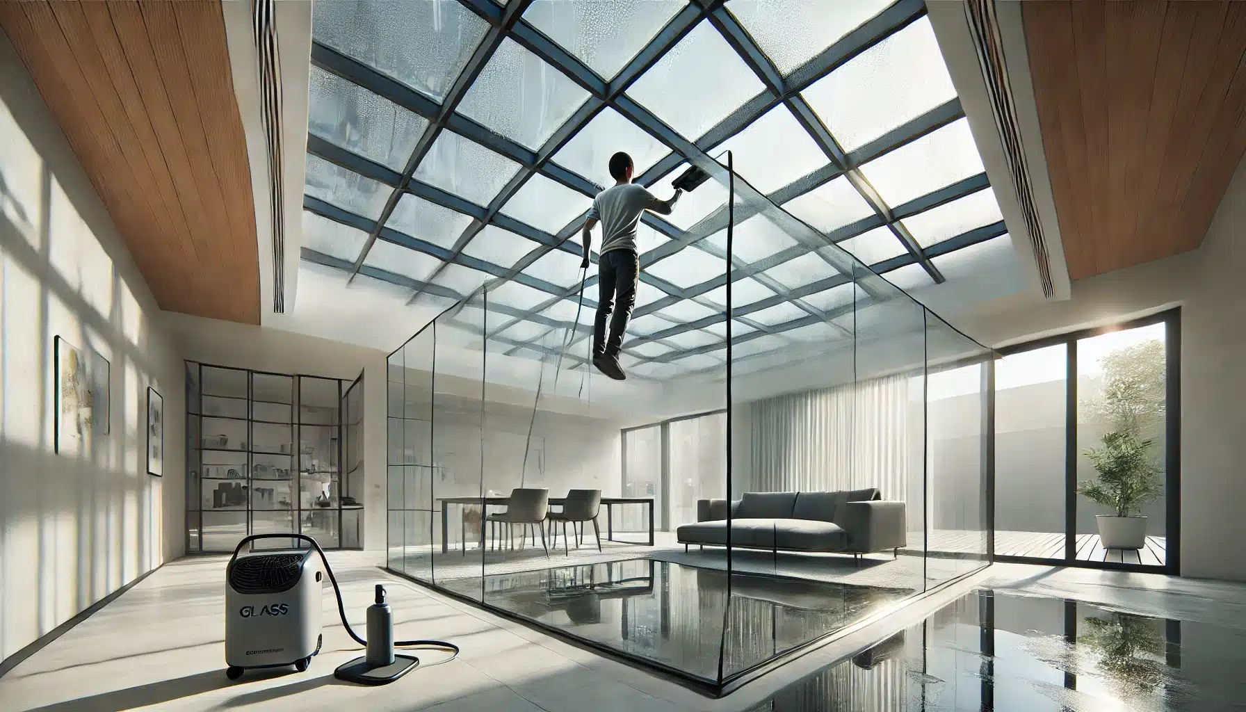 Persona limpiando un techo de vidrio sin condensación | Acrilfrasa