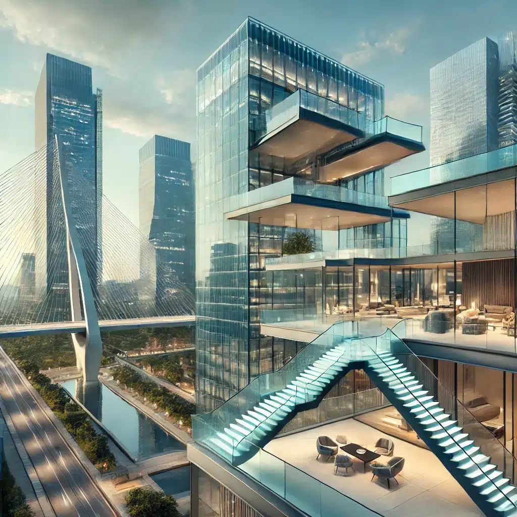 Torre moderna y puentes de vidrio templado | Acrilfrasa