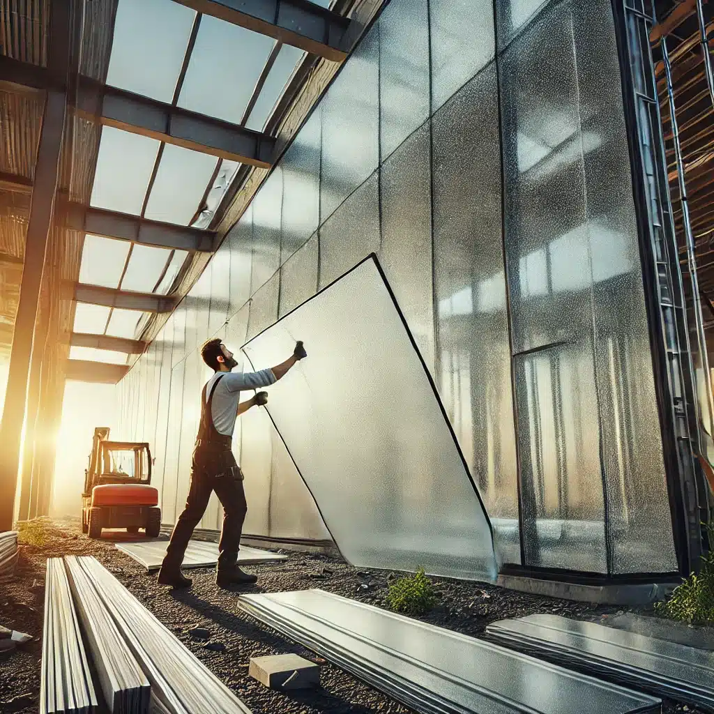 Trabajador instalando paneles de policarbonato reciclado | Acrilfrasa