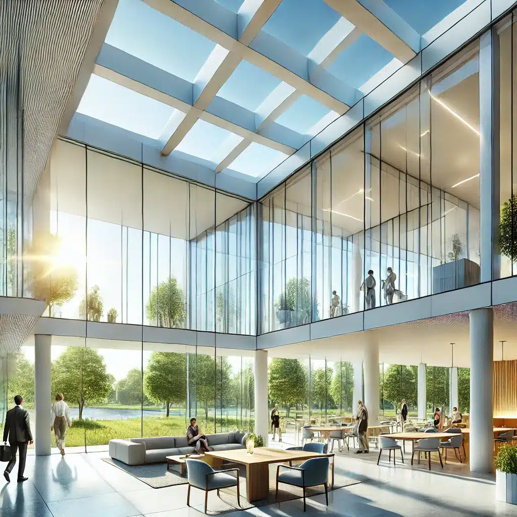 Edificio moderno con vidrio templado y entorno ecológico | Acrilfrasa