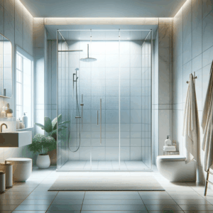 Elegante baño con división de ducha acrílica y diseño moderno