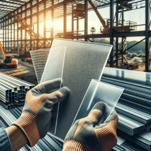 Primer plano de manos comparando muestras de policarbonato en un sitio de construcción industrial, destacando la selección de materiales adecuados para proyectos de construcción | ACRILFRASA