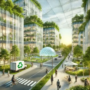 Zona urbana futurista con edificios de plástico reciclado y actividades de sostenibilidad. Reciclaje de madera y proceso de búsqueda de forma conciencia | Acrilfrasa