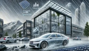 Edificio y automóvil con policarbonato resistiendo condiciones climáticas adversas. Plantas y eficiencia energética para luz y ventilación | Acrilfrasa.