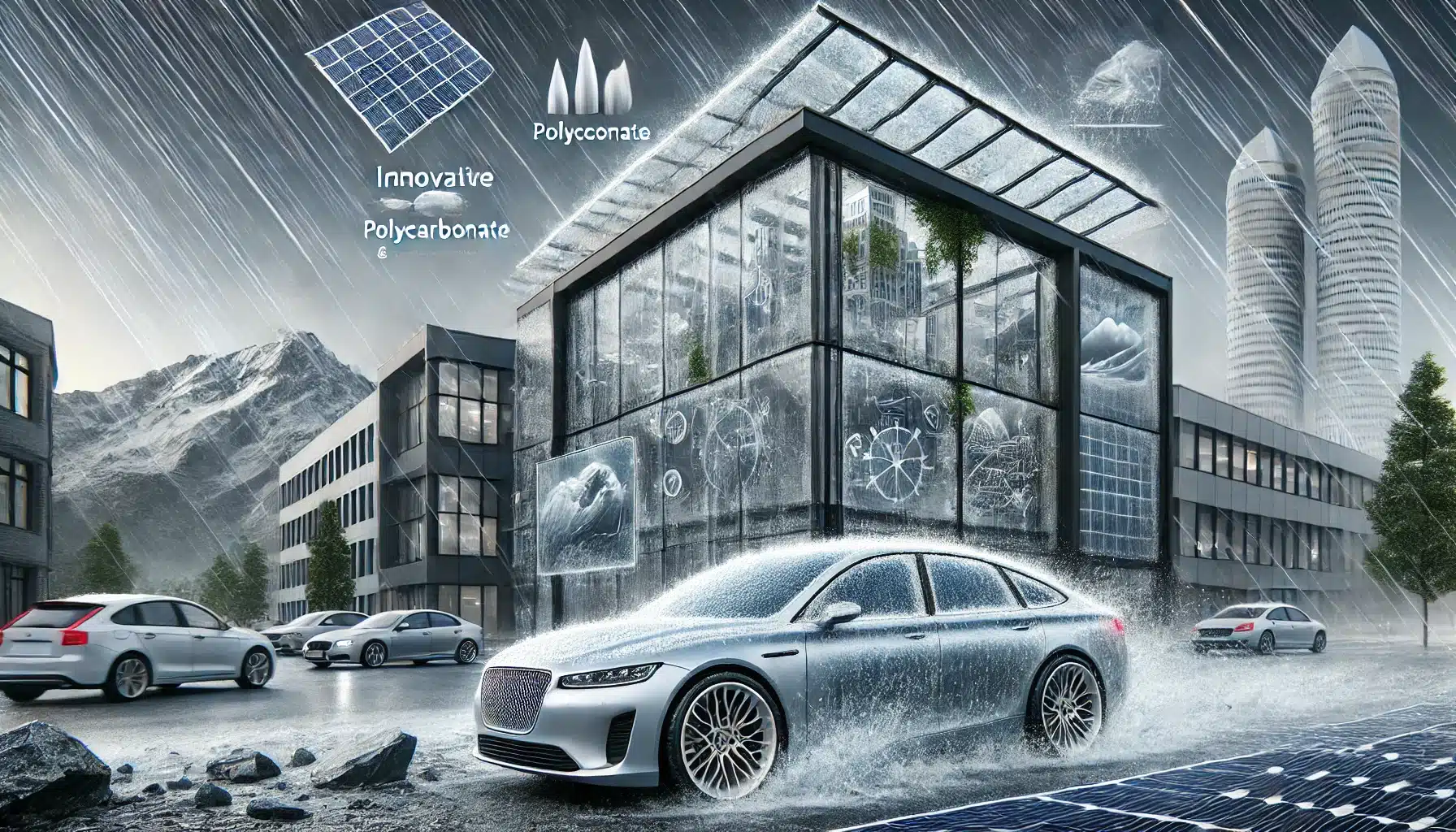 Edificio y automóvil con policarbonato resistiendo condiciones climáticas adversas. Plantas y eficiencia energética para luz y ventilación | Acrilfrasa.