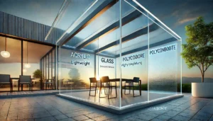 Tres secciones de lámina transparente: acrílico, vidrio y policarbonato en un entorno moderno. Construcción de láminas de PVC o fibra de vidrio, ventajas para impactos. | Acrilfrasa