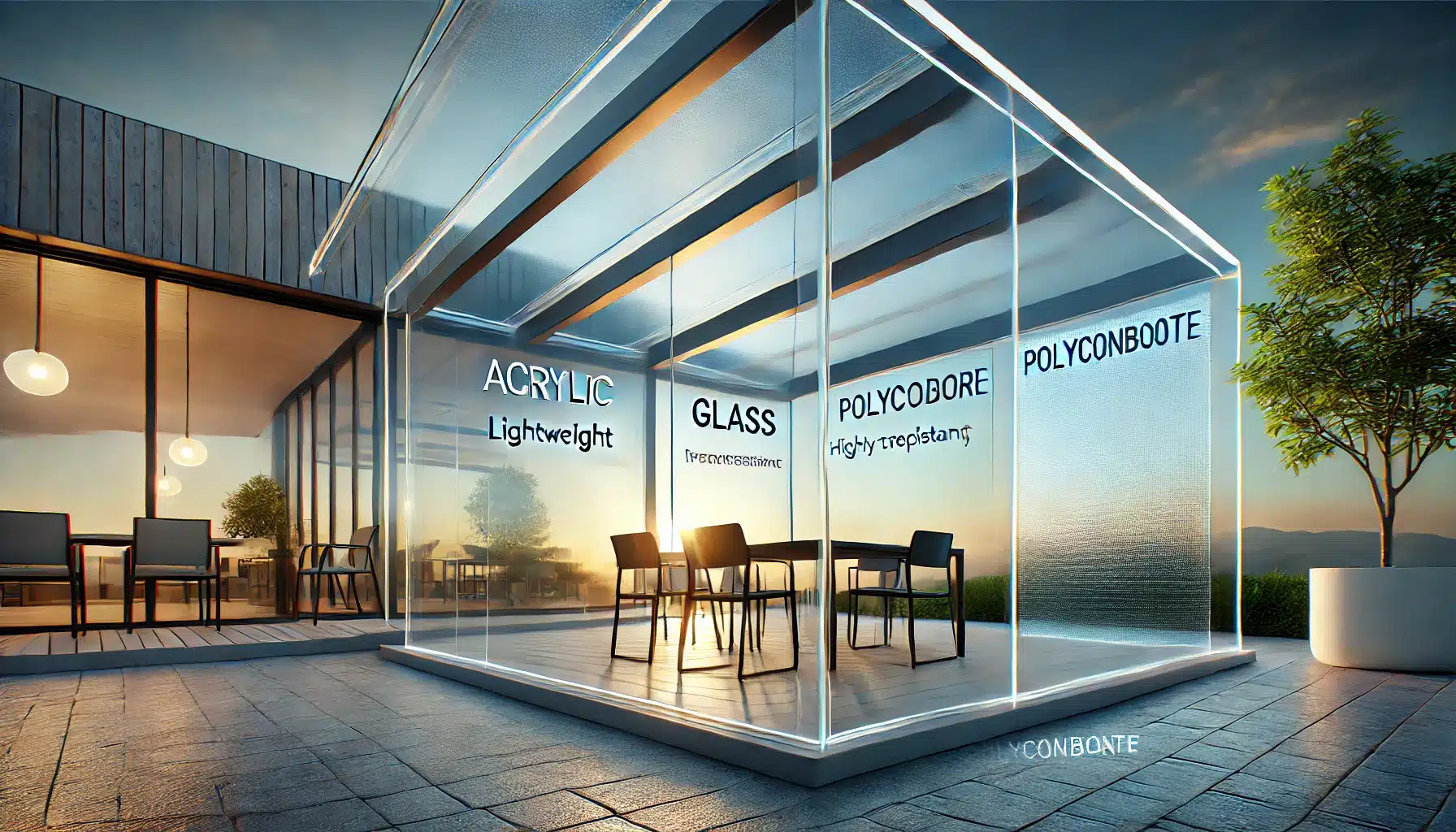 Tres secciones de lámina transparente: acrílico, vidrio y policarbonato en un entorno moderno. Construcción de láminas de PVC o fibra de vidrio, ventajas para impactos. | Acrilfrasa