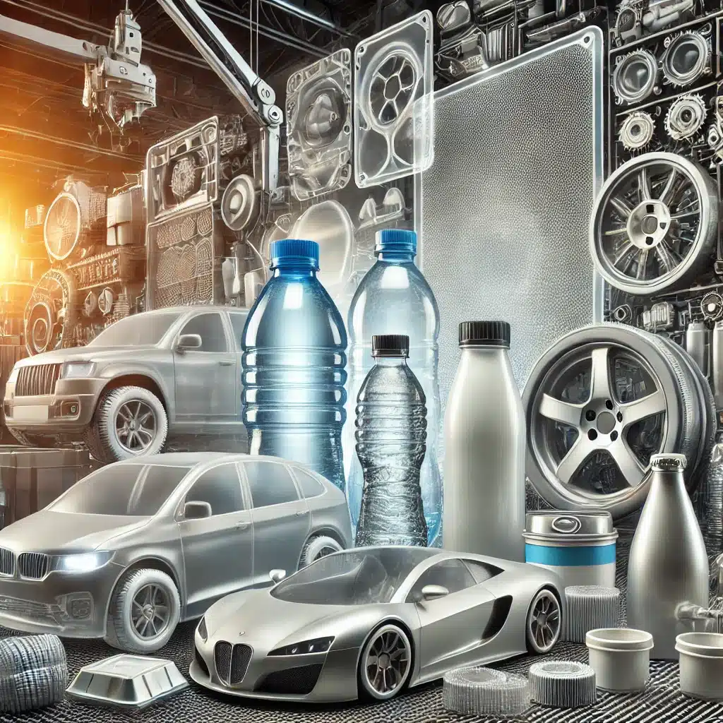 Botellas, envases y piezas automotrices hechos de policarbonato reciclado. Grupo de construcción sostenible para necesidad de iluminación artificial | Acrilfrasa.