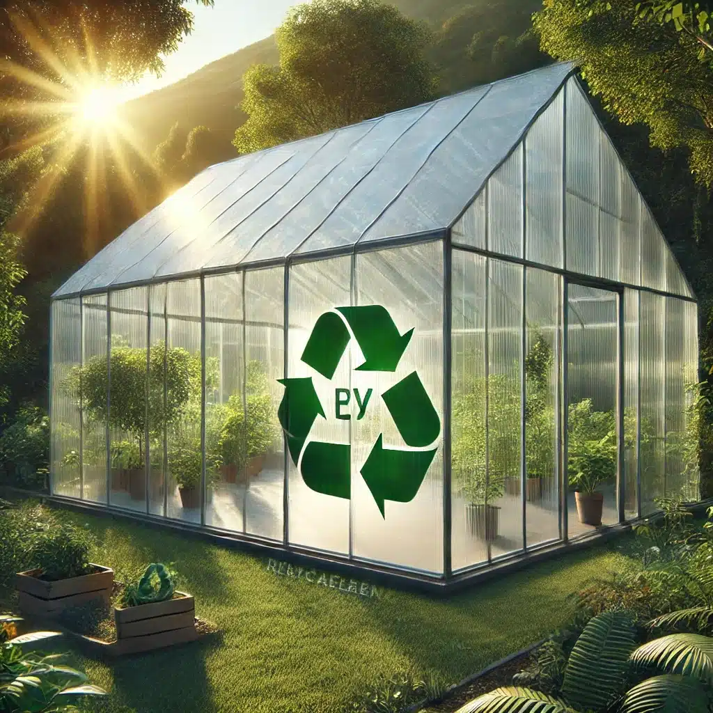 Invernadero de policarbonatos en jardín sostenible con reciclaje y eficiencia energética | Acrilfrasa.