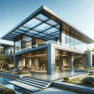 Edificio moderno con techo de cristal templado, rodeado de jardines paisajísticos, destacando un diseño arquitectónico contemporáneo y elegante. | Acrilfrasa