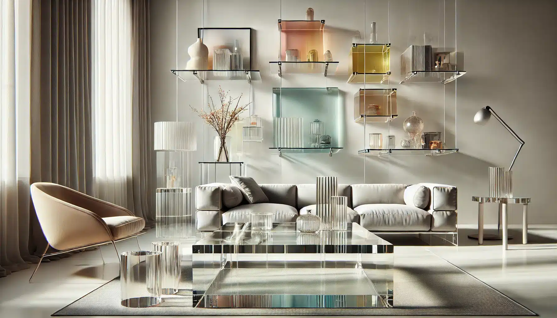 Sala moderna con mesa y estantes de láminas de acrílico, luz natural. Industria de paneles de plástico, solución de calidad | Acrilfrasa.