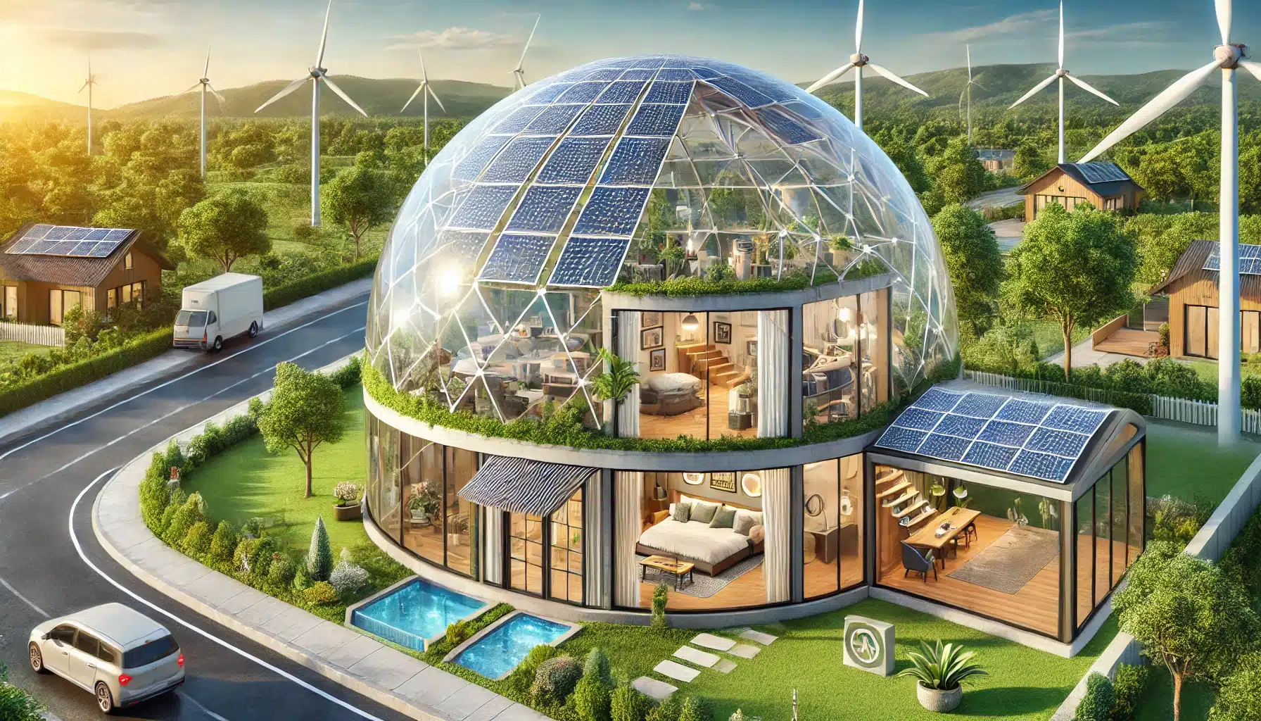 Domo personalizado con paneles solares, turbinas eólicas y tecnología inteligente. Edificio con proyectos de elementos de espacio. | Acrilfrasa.