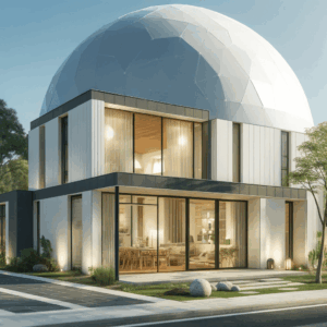 Casa moderna con domo bajo sol brillante. Luz solar, tiendas con iluminación y escaleras. | Acrilfrasa