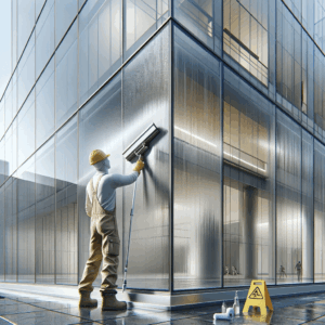 Trabajador equipado con equipo de seguridad limpiando un panel de policarbonato en el exterior de un edificio moderno, demostrando la durabilidad y facilidad de mantenimiento del material en un contexto arquitectónico contemporáneo | Acrilfrasa