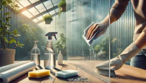Persona limpiando lámina de policarbonato en un jardín con productos de limpieza. Inspección de cristal de techados sin goteras | Acrilfrasa.