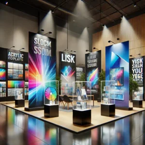 Showroom con displays publicitarios de acrílico personalizados y reflectantes. Láminas en letreros para máquina y oficinas | Acrilfrasa