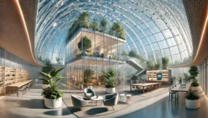 Ambiente comercial con cúpula de acrílicos iluminada naturalmente y con plantas interiores. Fabricación de naves industriales en medio ambiente | Acrilfrasa