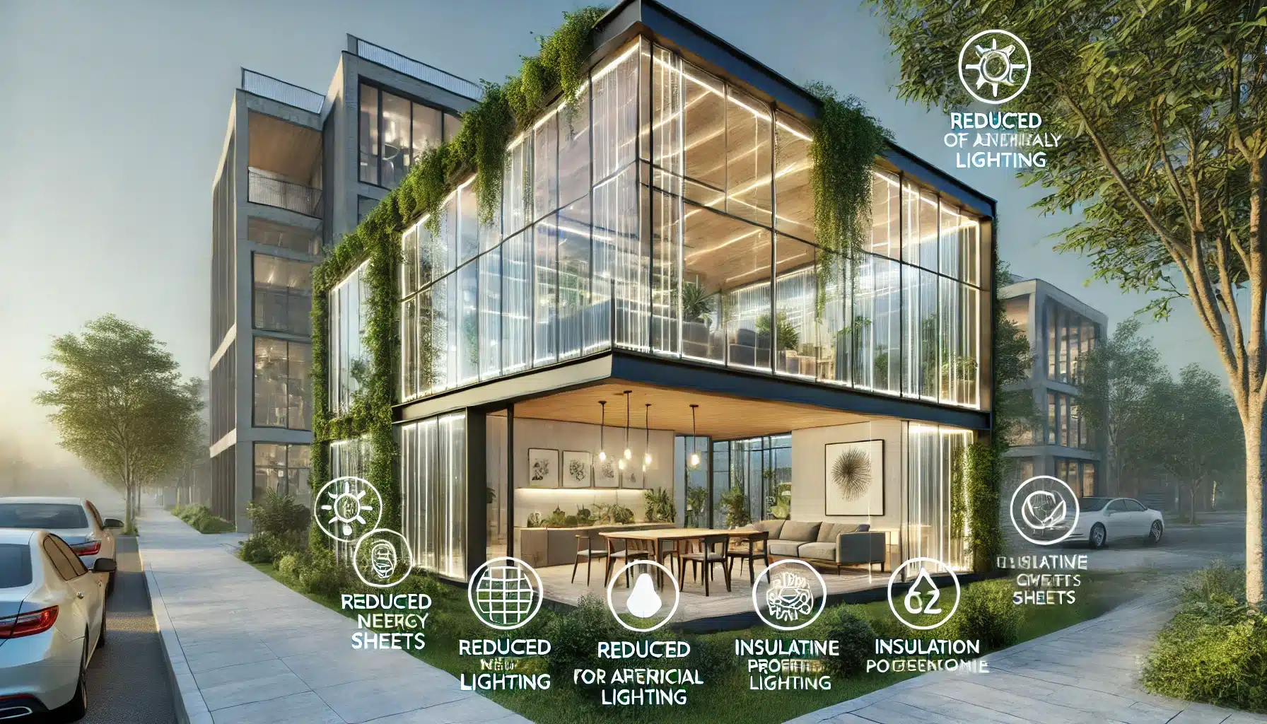 Edificio sostenible con láminas de policarbonato y vegetación circundante. Paneles de policarbonatos para la radiación solar | Acrilfrasa.
