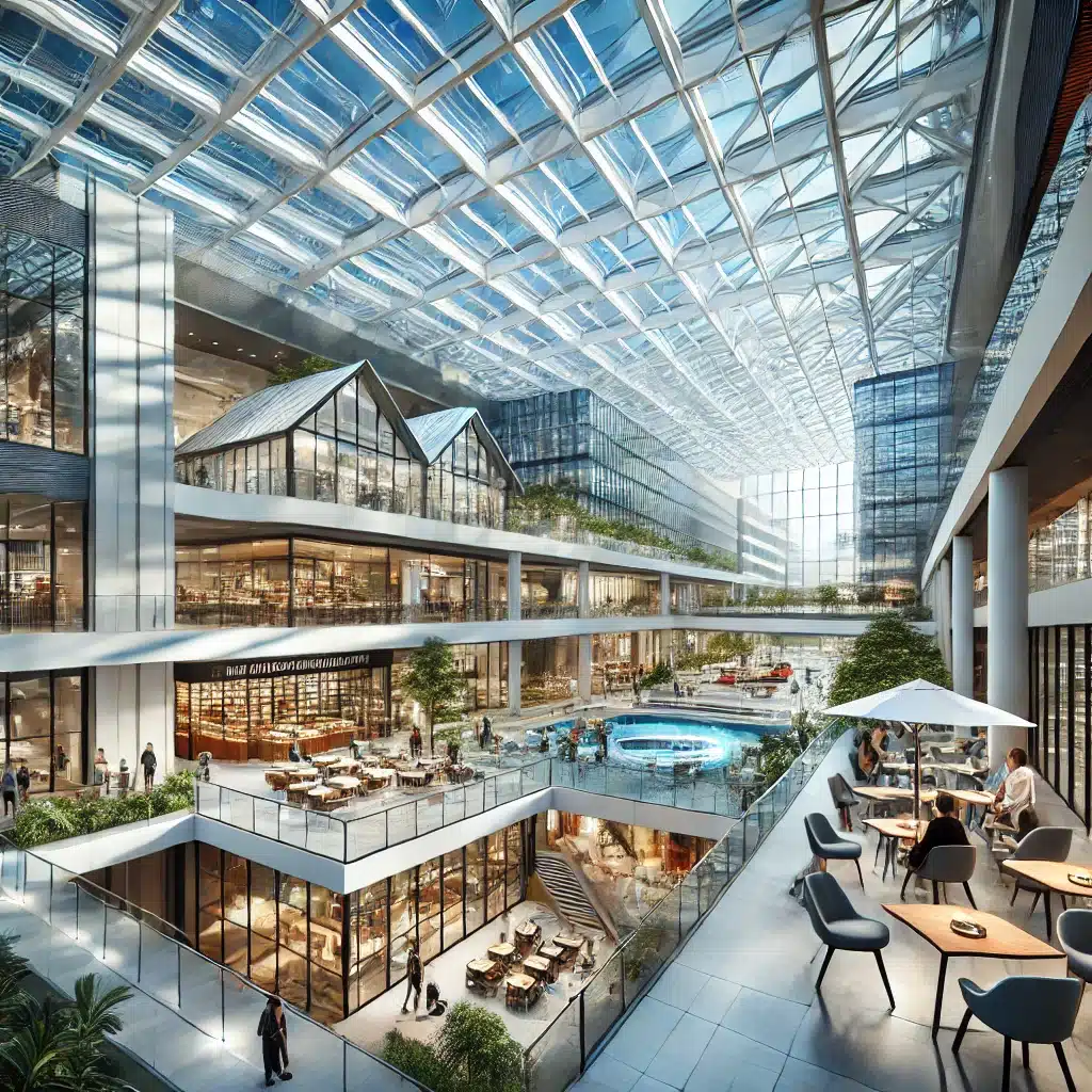 Espacios comerciales con techos de policarbonatos en centro comercial, cafetería y oficina. Material láminas de policarbonato láminas luz solar aislamiento térmico transparencia usos cubiertas lámina industria materiales transmisión de luz policarbonato celular  | Acrilfrasa.