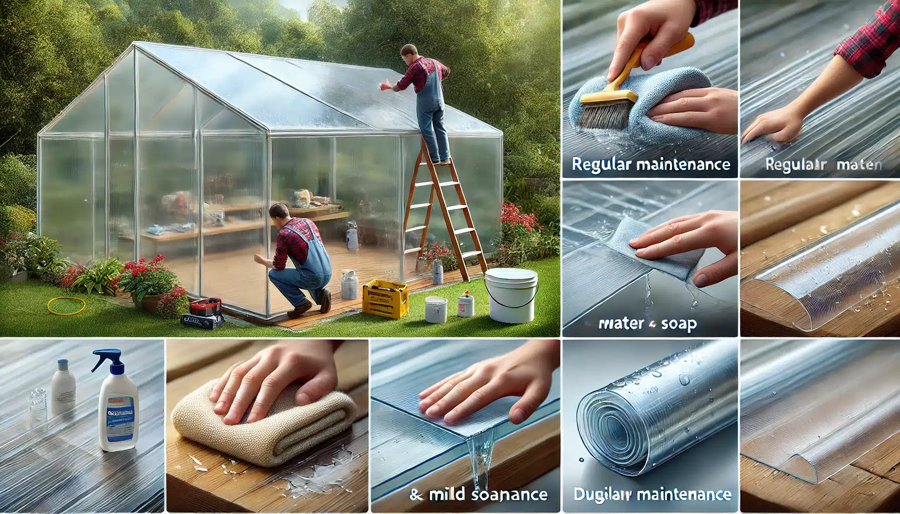 Persona limpiando techo de policarbonato en jardín y revisando daños para mantenimiento. Materiales para hogar y paneles | Acrilfrasa