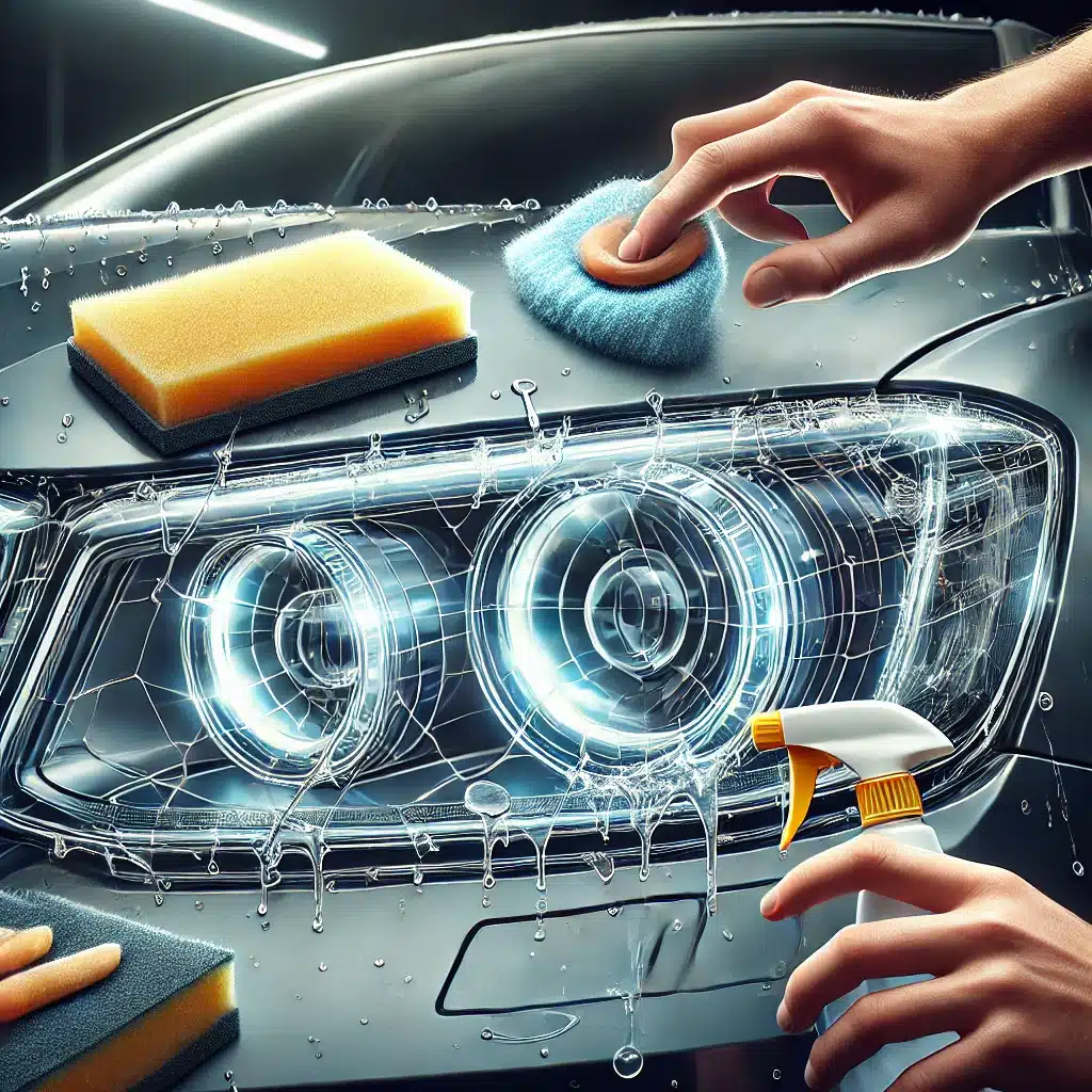 Persona limpiando las ventanas de policarbonato de un auto con agua y jabón suave. Forma de resinas u | Acrilfrasa