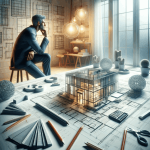 Arquitecto evaluando el uso de policarbonato en diseño arquitectónico con herramientas y muestras | Acrilfrasa