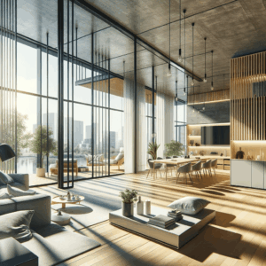 Interior moderno de un hogar con ventanas grandes de policarbonato, mostrando la eficiencia y la optimización de la luz natural. | Acrilfrasa