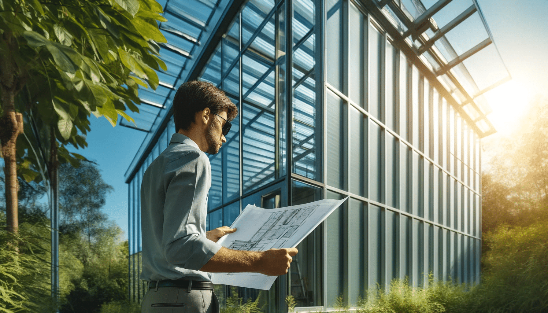 Profesional evaluando paneles de policarbonatos en la fachada de un edificio. Placas de policarbonato construcción poliéster láminas transparencia placas instalación resistencia al impacto| Acrilfrasa.