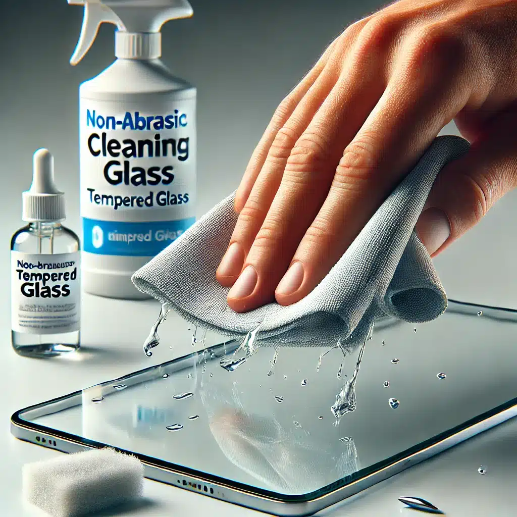 Mano limpiando cristal templado con paño de microfibra, evitando arañazos y daños. Vidrios limpios con jabón y vinagre, aplicaciones por fabricantes | Acrilfrasa