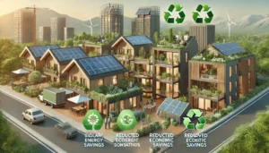 Edificios ecológicos con paneles solares y techos verdes en una comunidad sostenible. Proyectos necesidad de iluminación artificial| Acrilfrasa