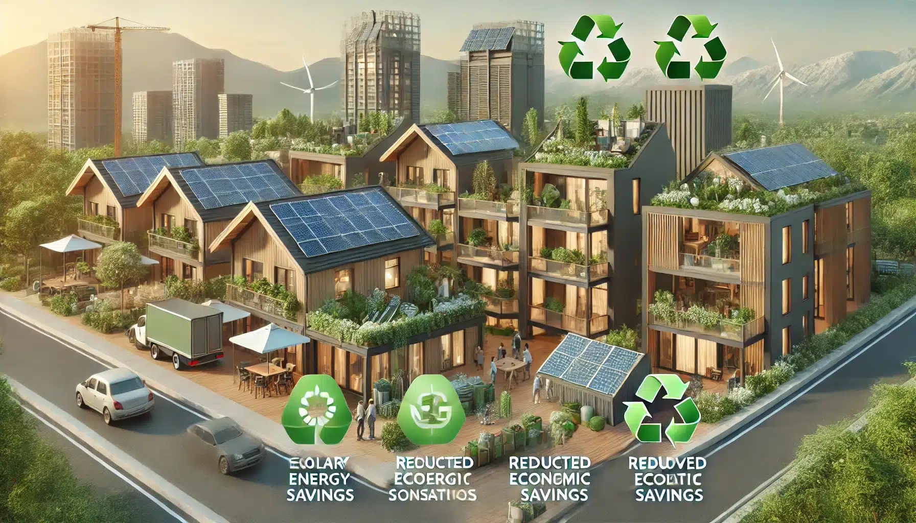 Edificios ecológicos con paneles solares y techos verdes en una comunidad sostenible. Proyectos necesidad de iluminación artificial| Acrilfrasa