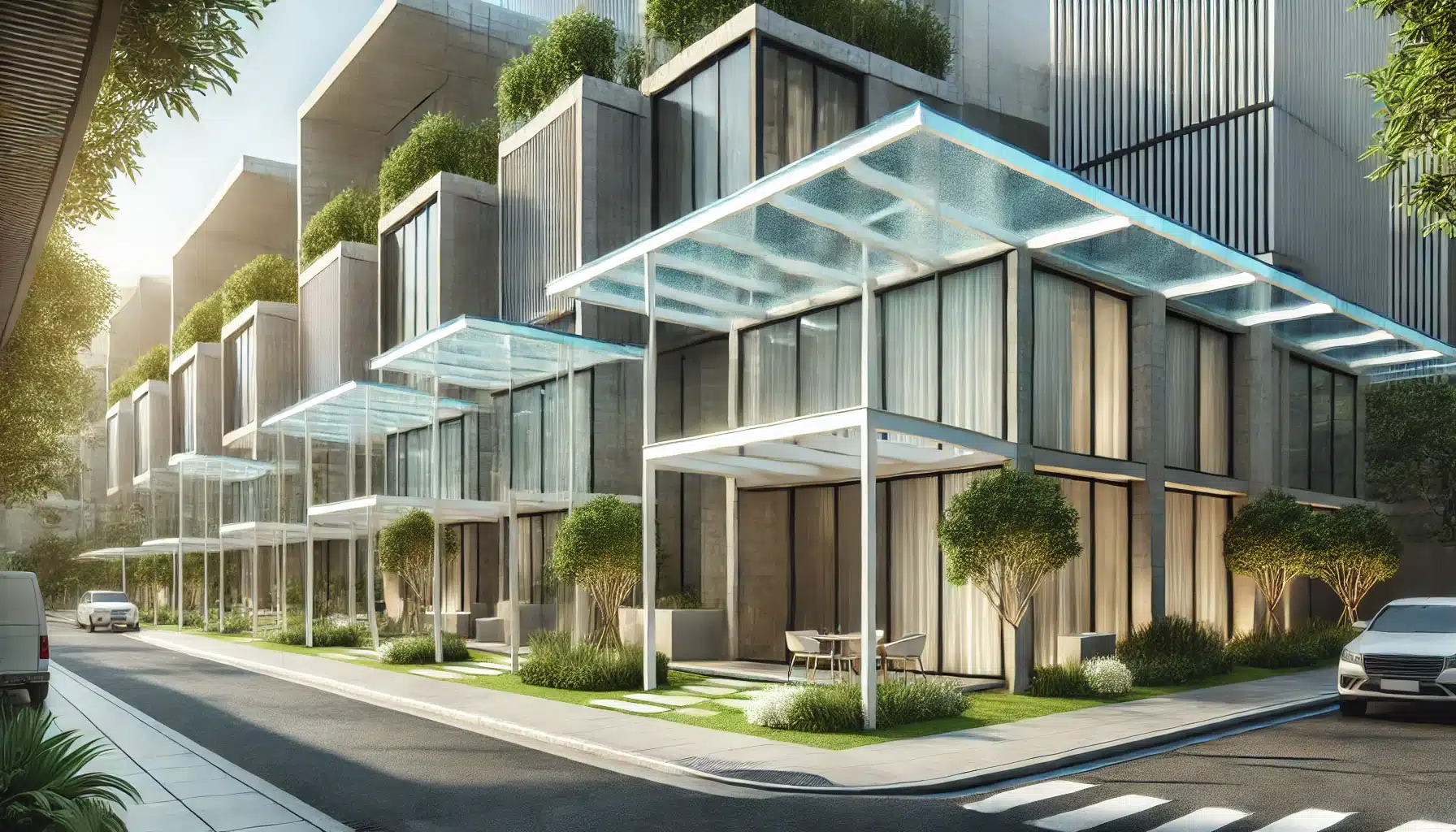 Edificios modernos con policarbonato en fachadas y techos, destacando diseño sostenible | Acrilfrasa.