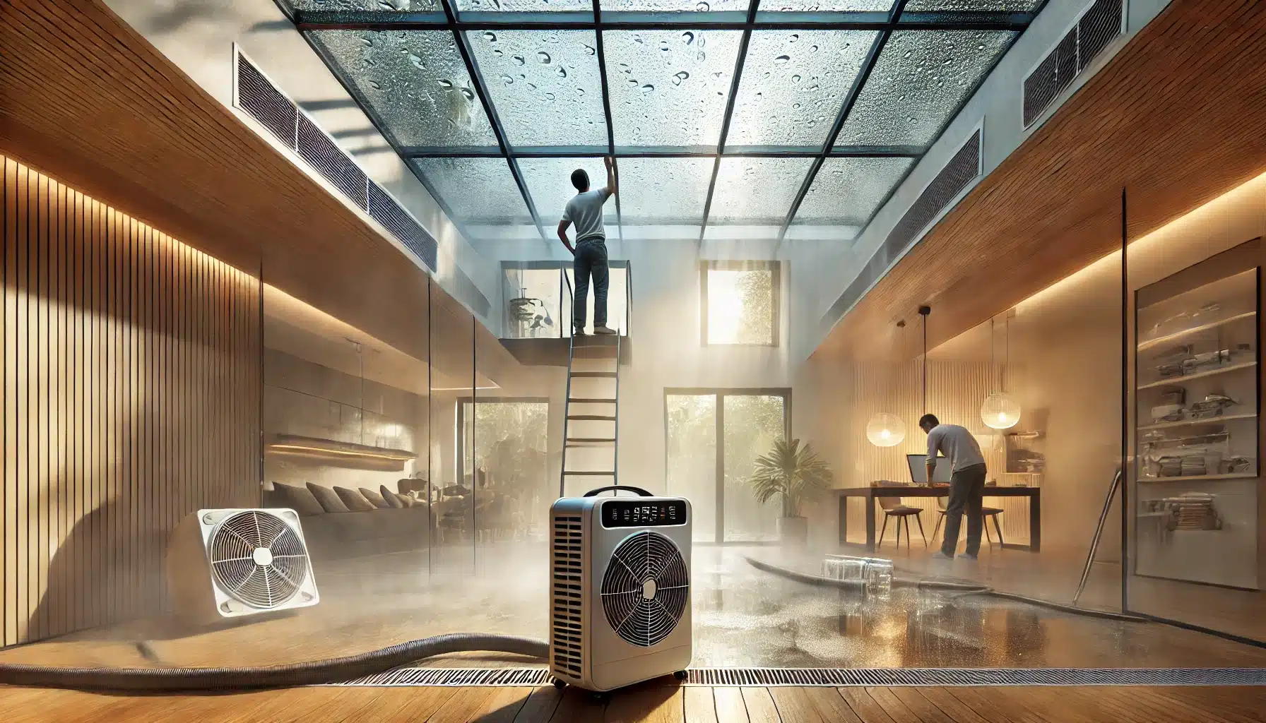 Persona ajustando deshumidificador en techo de cristal | Acrilfrasa