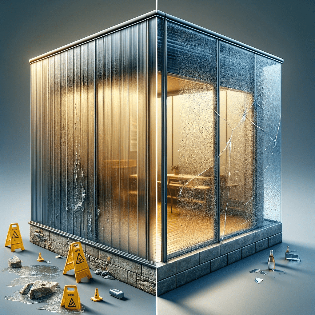 Durabilidad de policarbonato y vidrio en exteriores. Láminas de acero, producto de medida para perfiles de hogar. | Acrilfrasa