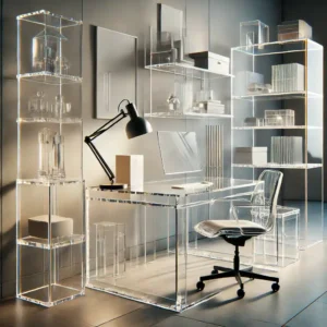 Espacio interior con escritorio, silla y estanterías de acrílico, destacando funcionalidad. Fabricación de láminas de plástico para el mundo | Acrilfrasa